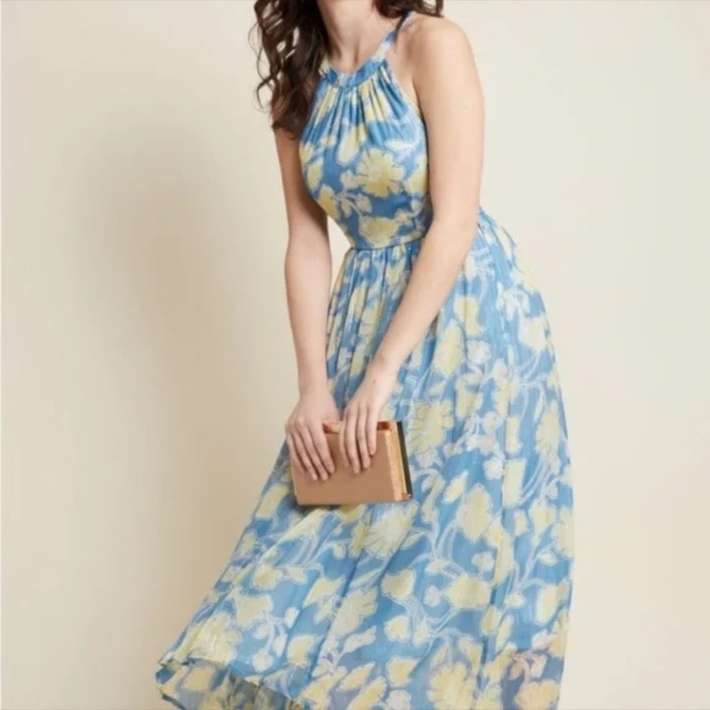 ModCloth Brave New Whirl Floral Metallic Hi Low Maxi Halter Dress EUC Size - M